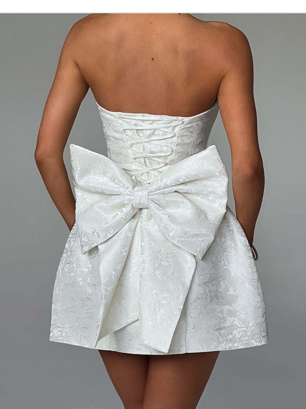 new BABYBOO Ivory Jacquard Strapless Mini Dress Bow Detail Bridal Party Cocktail
